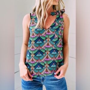 Molly Bracken Colorful Design Sleeveless Tie Detail Top Fun Chic Size Small